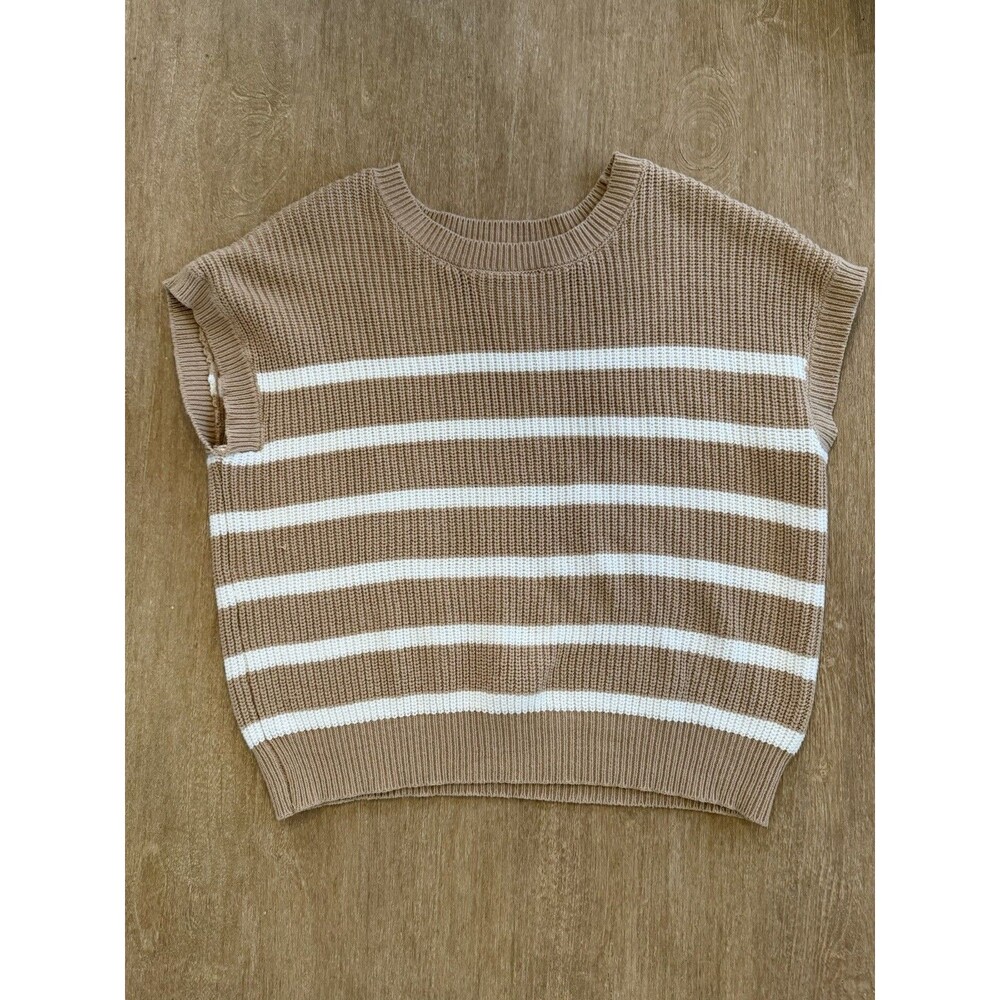 Women’s Tan & White Striped Ribbed Knit Sweater top | Cap Sleeve